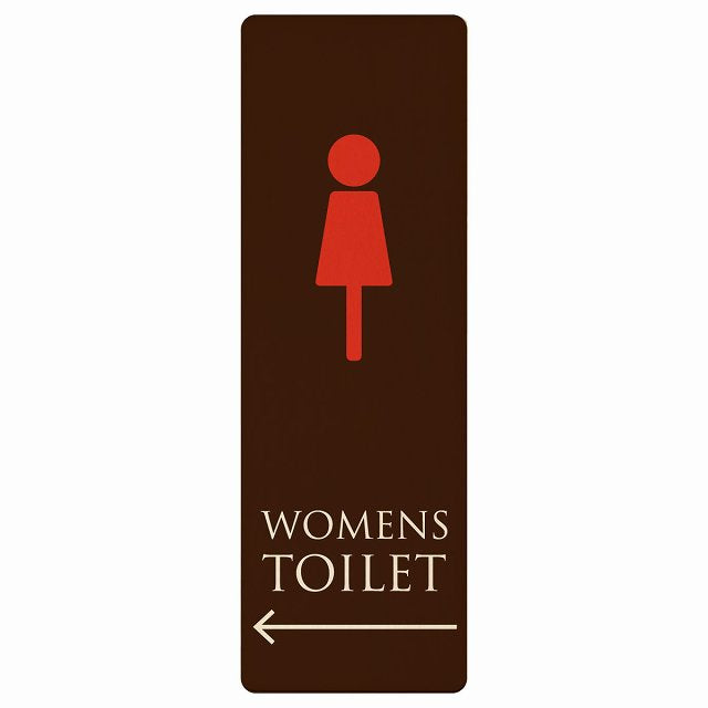 トイレ WOMENS ブラウン＆カラー 左矢印 木製プレート 長方形 縦タイプ 看板 サインプレート 誘導表示 ピクトサイン ピクトグラム 選べるサイズ