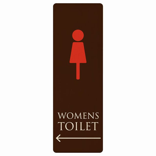 トイレ WOMENS ブラウン＆カラー 左矢印 木製プレート 長方形 縦タイプ 看板 サインプレート 誘導表示 ピクトサイン ピクトグラム 選べるサイズ