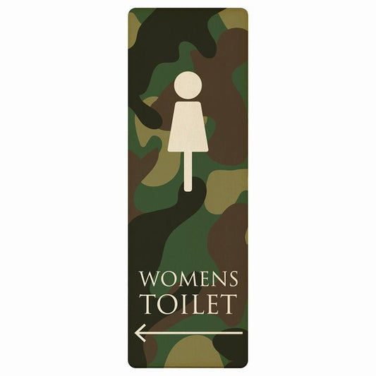 トイレ WOMENS 迷彩 カラー 左矢印 木製プレート 長方形 縦タイプ 看板 サインプレート 誘導表示 ピクトサイン ピクトグラム 選べるサイズ