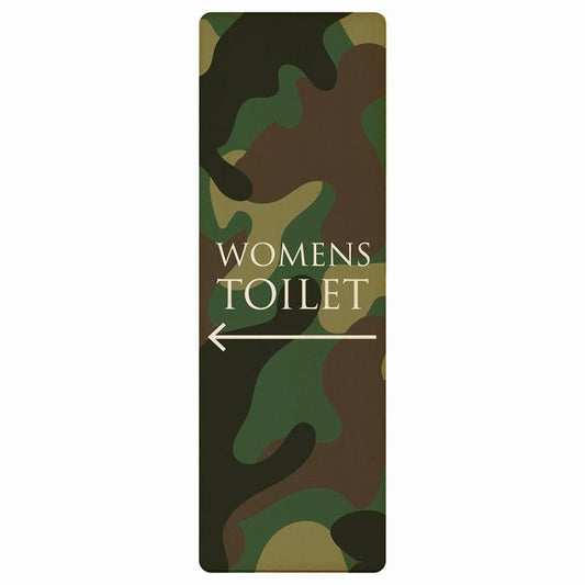 トイレ WOMENS 文字タイプ 迷彩 カラー 左矢印 木製プレート 長方形 縦タイプ 看板 サインプレート 誘導表示 ピクトサイン ピクトグラム 選べるサイズ