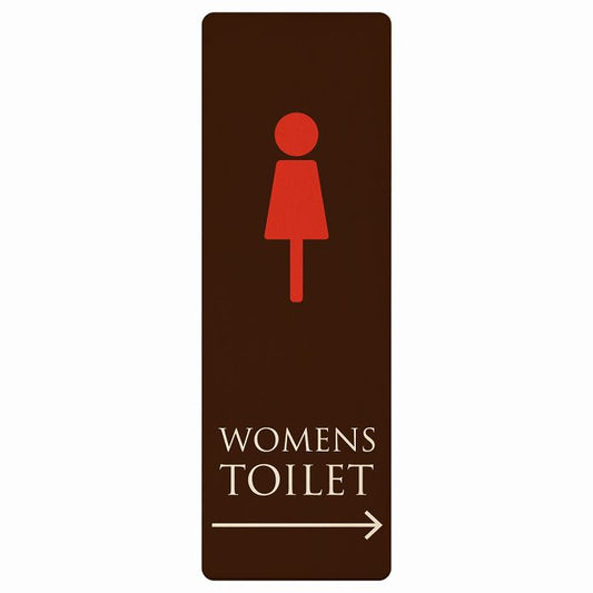 トイレ WOMENS ブラウン＆カラー 右矢印 木製プレート 長方形 縦タイプ 看板 サインプレート 誘導表示 ピクトサイン ピクトグラム 選べるサイズ