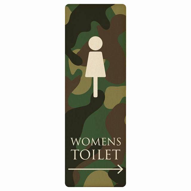 トイレ WOMENS 迷彩 カラー 右矢印 木製プレート 長方形 縦タイプ 看板 サインプレート 誘導表示 ピクトサイン ピクトグラム 選べるサイズ