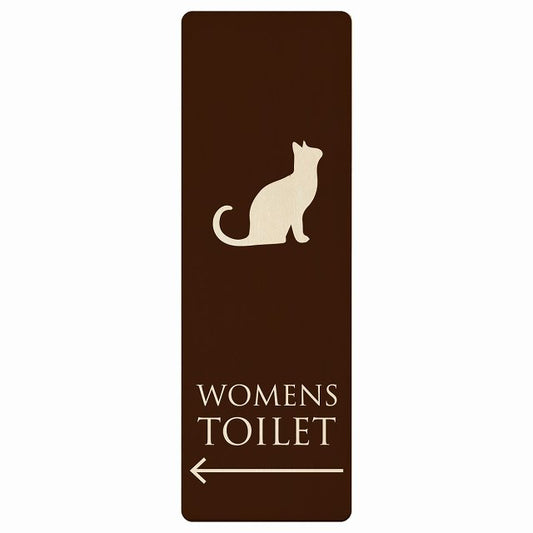 トイレ WOMENS ねこ 猫 ネコ ブラウン ナチュラル 左矢印 木製プレート 長方形 縦タイプ 看板 サインプレート 誘導表示 ピクトサイン ピクトグラム 選べるサイズ