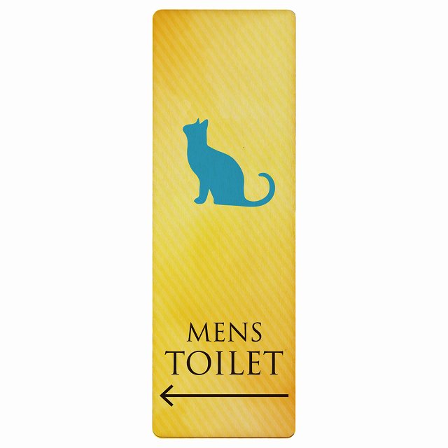 トイレ MENS ねこ 猫 ネコ イエローグラデーション 左矢印 木製プレート 長方形 縦タイプ 看板 サインプレート 誘導表示 ピクトサイン ピクトグラム 選べるサイズ