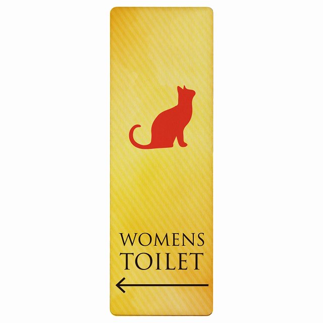 トイレ WOMENS ねこ 猫 ネコ イエローグラデーション 左矢印 木製プレート 長方形 縦タイプ 看板 サインプレート 誘導表示 ピクトサイン ピクトグラム 選べるサイズ