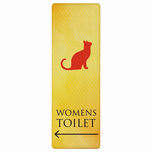 トイレ WOMENS ねこ 猫 ネコ イエローグラデーション 左矢印 木製プレート 長方形 縦タイプ 看板 サインプレート 誘導表示 ピクトサイン ピクトグラム 選べるサイズ