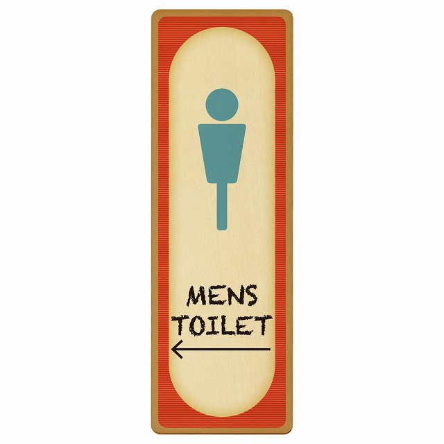 トイレ MENS レトロ デザイン 左矢印 木製プレート 長方形 縦タイプ 看板 サインプレート 誘導表示 ピクトサイン ピクトグラム 選べるサイズ