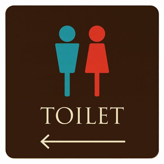 トイレ ブラウン＆カラー 男女マーク 左矢印 木製プレート 正方形 看板 サインプレート 誘導表示 ピクトサイン ピクトグラム 選べるサイズ