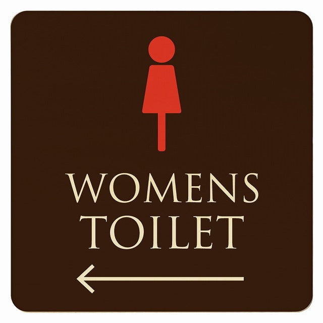 トイレ ブラウン＆カラー WOMENS 左矢印 木製プレート 正方形 看板 サインプレート 誘導表示 ピクトサイン ピクトグラム 選べるサイズ