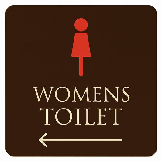 トイレ ブラウン＆カラー WOMENS 左矢印 木製プレート 正方形 看板 サインプレート 誘導表示 ピクトサイン ピクトグラム 選べるサイズ