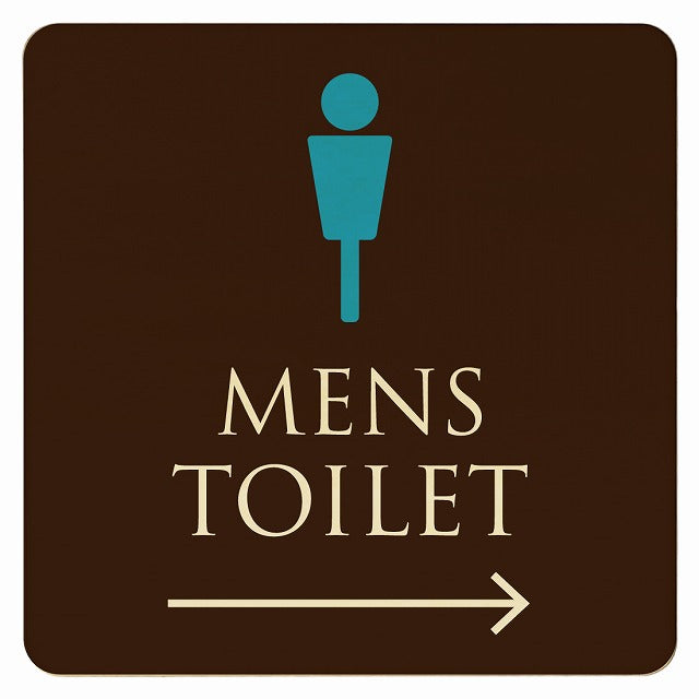 トイレ ブラウン＆カラー MENS 右矢印 木製プレート 正方形 看板 サインプレート 誘導表示 ピクトサイン ピクトグラム 選べるサイズ