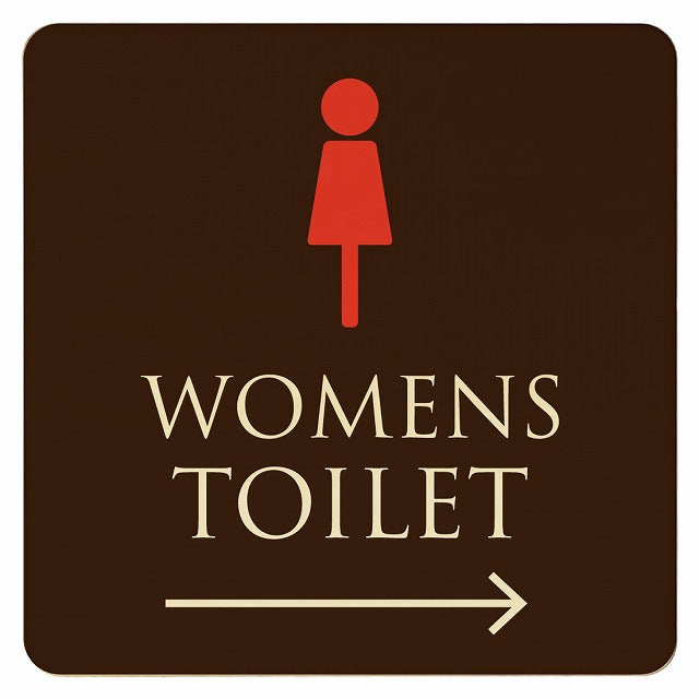 トイレ ブラウン＆カラー WOMENS 右矢印 木製プレート 正方形 看板 サインプレート 誘導表示 ピクトサイン ピクトグラム 選べるサイズ