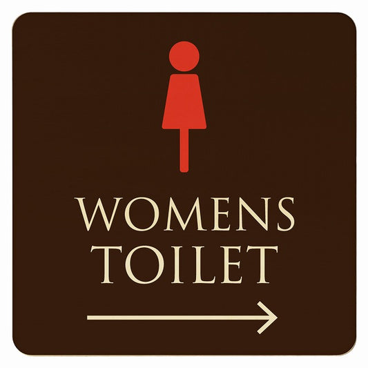 トイレ ブラウン＆カラー WOMENS 右矢印 木製プレート 正方形 看板 サインプレート 誘導表示 ピクトサイン ピクトグラム 選べるサイズ
