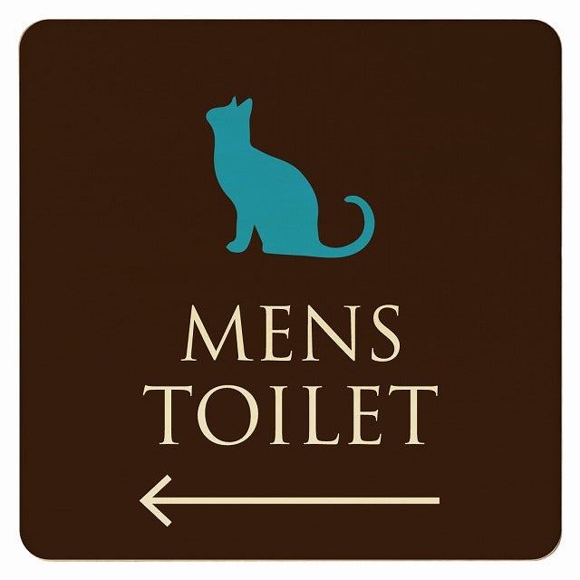 トイレ ねこ 猫 ネコ ブラウン カラー MENS 左矢印 木製プレート 正方形 看板 サインプレート 誘導表示 ピクトサイン ピクトグラム 選べるサイズ