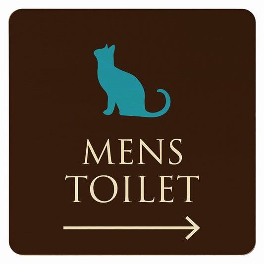 トイレ ねこ 猫 ネコ ブラウン カラー MENS 右矢印 木製プレート 正方形 看板 サインプレート 誘導表示 ピクトサイン ピクトグラム 選べるサイズ
