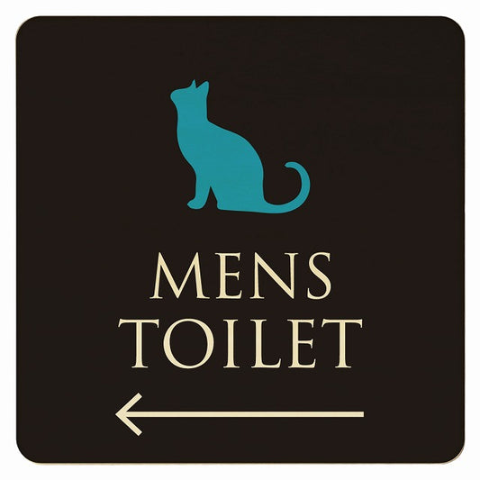 トイレ ねこ 猫 ネコ ブラック カラー MENS 左矢印 木製プレート 正方形 看板 サインプレート 誘導表示 ピクトサイン ピクトグラム 選べるサイズ