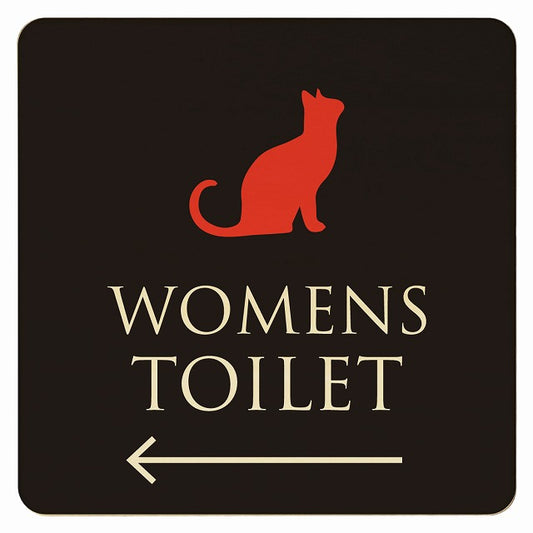 トイレ ねこ 猫 ネコ ブラック カラー WOMENS 左矢印 木製プレート 正方形 看板 サインプレート 誘導表示 ピクトサイン ピクトグラム 選べるサイズ