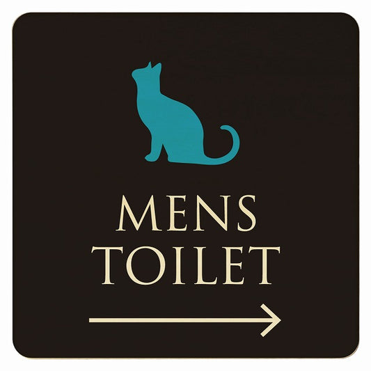トイレ ねこ 猫 ネコ ブラック カラー MENS 右矢印 木製プレート 正方形 看板 サインプレート 誘導表示 ピクトサイン ピクトグラム 選べるサイズ