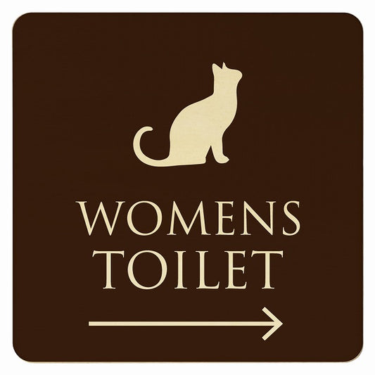 トイレ ねこ 猫 ネコ ブラウン ナチュラル WOMENS 右矢印 木製プレート 正方形 看板 サインプレート 誘導表示 ピクトサイン ピクトグラム 選べるサイズ