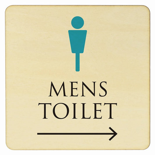 トイレ ナチュラル＆カラー MENS 右矢印 木製プレート 正方形 看板 サインプレート 誘導表示 ピクトサイン ピクトグラム 選べるサイズ