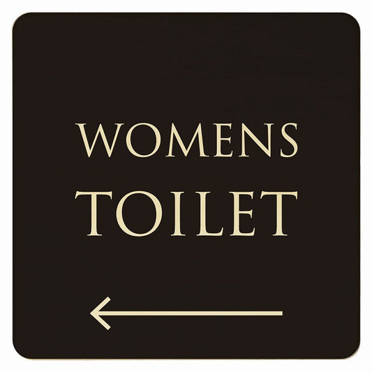 トイレ ブラック ナチュラル WOMENS 左矢印 文字タイプ 木製プレート 正方形 看板 サインプレート 誘導表示 ピクトサイン ピクトグラム 選べるサイズ