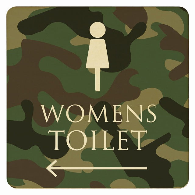 トイレ 迷彩 カラー WOMENS 左矢印 木製プレート 正方形 看板 サインプレート 誘導表示 ピクトサイン ピクトグラム 選べるサイズ