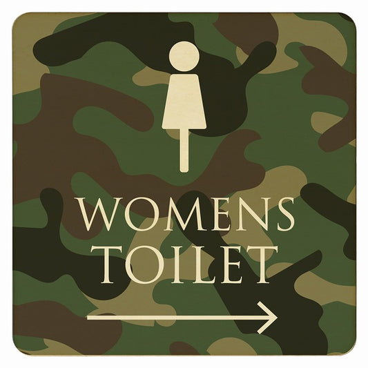 トイレ 迷彩 カラー WOMENS 右矢印 木製プレート 正方形 看板 サインプレート 誘導表示 ピクトサイン ピクトグラム 選べるサイズ