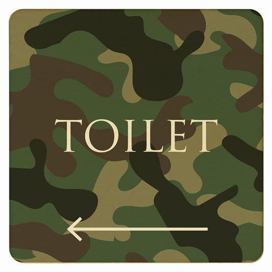トイレ 迷彩 カラー TOILET 左矢印 文字タイプ 木製プレート 正方形 看板 サインプレート 誘導表示 ピクトサイン ピクトグラム 選べるサイズ