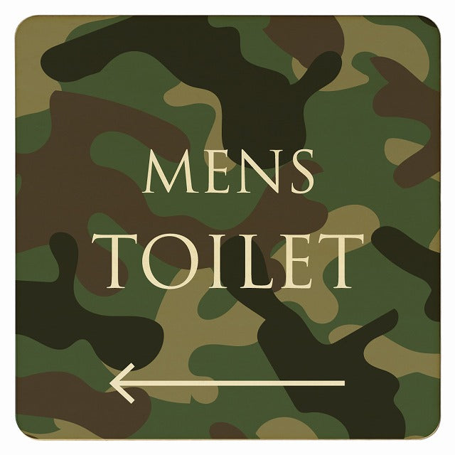 トイレ 迷彩 カラー MENS 左矢印 文字タイプ 木製プレート 正方形 看板 サインプレート 誘導表示 ピクトサイン ピクトグラム 選べるサイズ