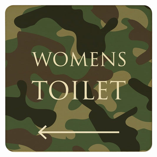 トイレ 迷彩 カラー WOMENS 左矢印 文字タイプ 木製プレート 正方形 看板 サインプレート 誘導表示 ピクトサイン ピクトグラム 選べるサイズ