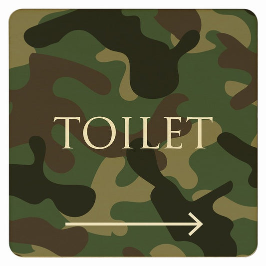 トイレ 迷彩 カラー TOILET 右矢印 文字タイプ 木製プレート 正方形 看板 サインプレート 誘導表示 ピクトサイン ピクトグラム 選べるサイズ