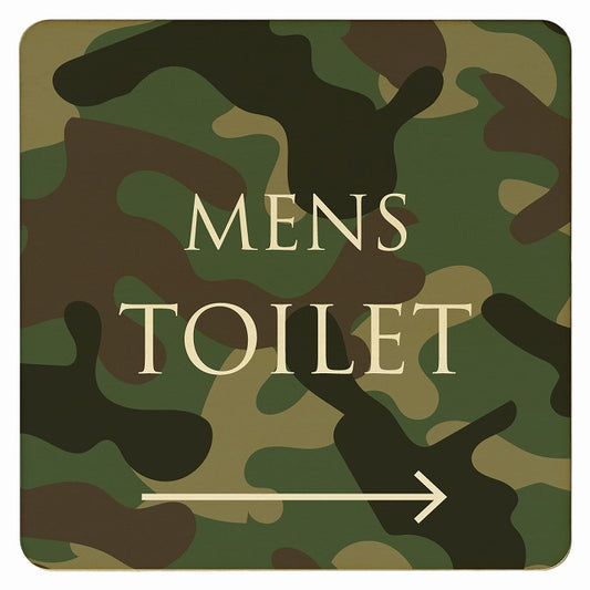 トイレ 迷彩 カラー MENS 右矢印 文字タイプ 木製プレート 正方形 看板 サインプレート 誘導表示 ピクトサイン ピクトグラム 選べるサイズ