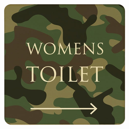 トイレ 迷彩 カラー WOMENS 右矢印 文字タイプ 木製プレート 正方形 看板 サインプレート 誘導表示 ピクトサイン ピクトグラム 選べるサイズ