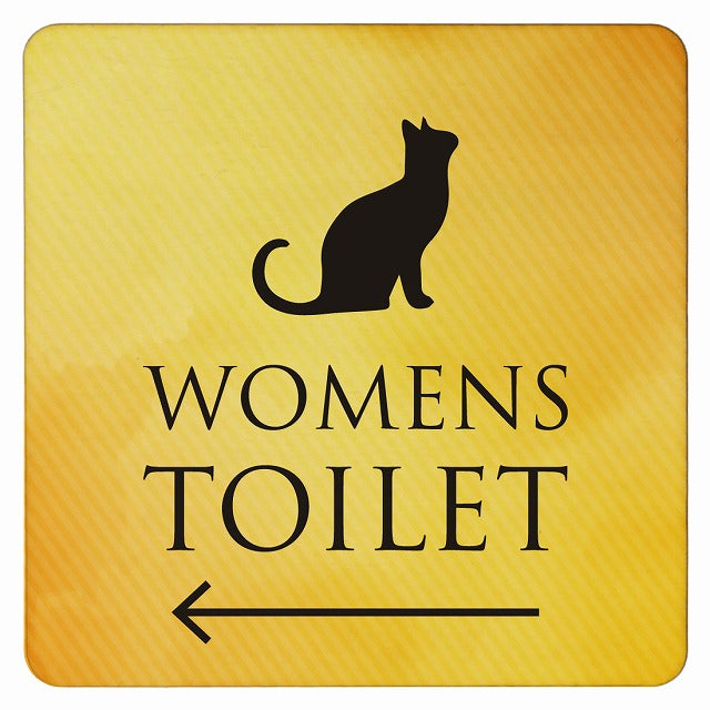 トイレ ねこ 猫 ネコ イエローグラデーション WOMENS 左矢印 木製プレート 正方形 看板 サインプレート 誘導表示 ピクトサイン ピクトグラム 選べるサイズ