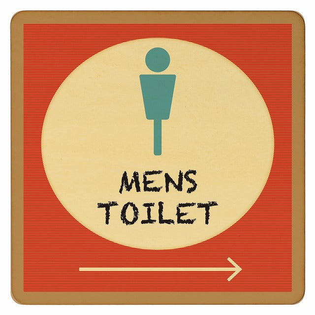 トイレ レトロ デザイン MENS 右矢印 木製プレート 正方形 看板 サインプレート 誘導表示 ピクトサイン ピクトグラム 選べるサイズ