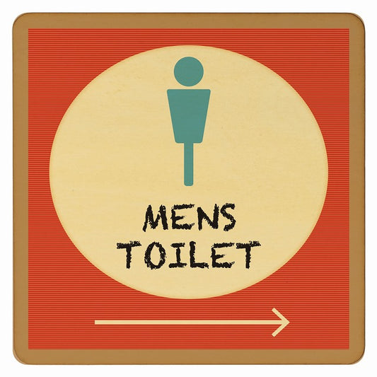 トイレ レトロ デザイン MENS 右矢印 木製プレート 正方形 看板 サインプレート 誘導表示 ピクトサイン ピクトグラム 選べるサイズ