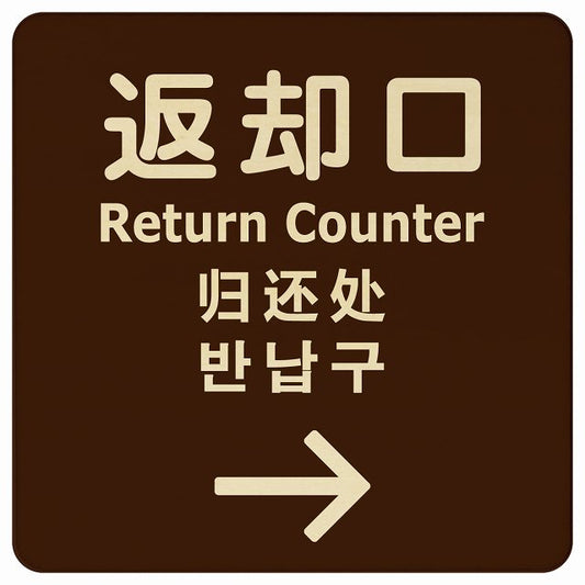 返却口 文字タイプ 多言語 英語 中国語 韓国語 対応 ブラウン 右矢印 木製プレート 正方形 看板 サインプレート 外国人対応 ピクトサイン ピクトグラム 選べるサイズ
