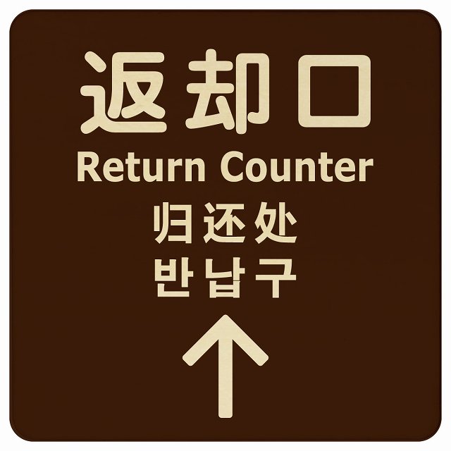 返却口 文字タイプ 多言語 英語 中国語 韓国語 対応 ブラウン 上矢印 木製プレート 正方形 看板 サインプレート 外国人対応 ピクトサイン ピクトグラム 選べるサイズ