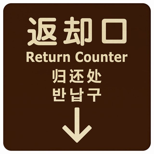 返却口 文字タイプ 多言語 英語 中国語 韓国語 対応 ブラウン 下矢印 木製プレート 正方形 看板 サインプレート 外国人対応 ピクトサイン ピクトグラム 選べるサイズ