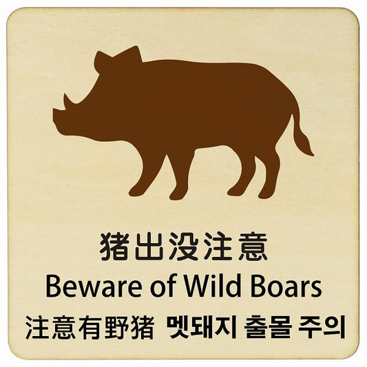 猪出没注意 インバウンド 多言語 英語 中国語 韓国語 対応 木製プレート 正方形 看板 サインプレート 外国人対応 ピクトサイン ピクトグラム 選べるサイズ